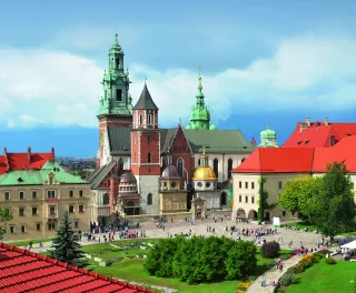 View of Wawel Cathedral and surrounding buildings in Krakow, Poland